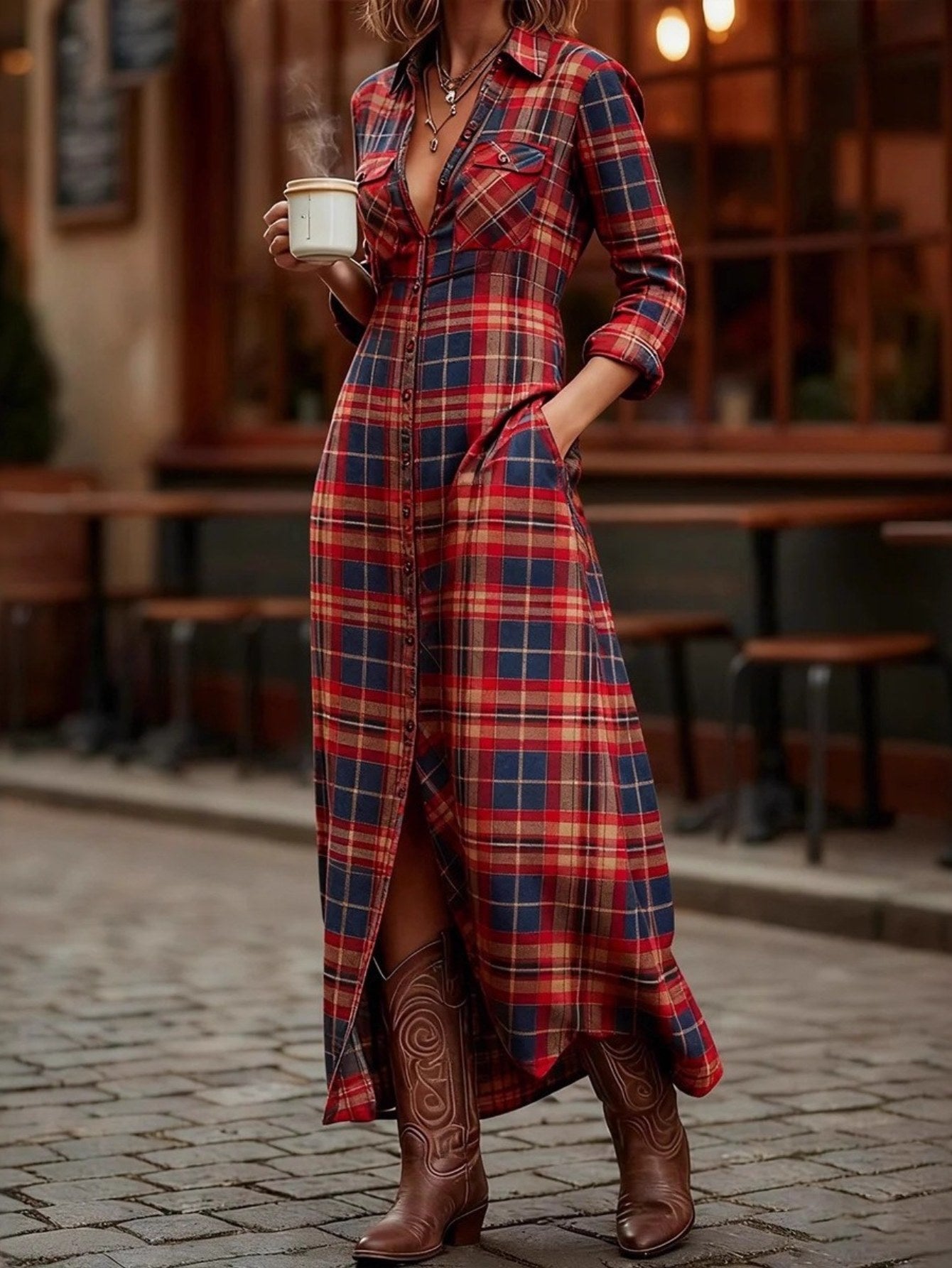 HERTALKA Fashionable Women's Dress with a Retro Checkered Long-sleeved Style