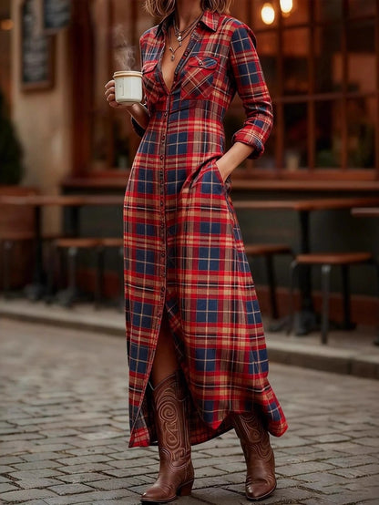 HERTALKA Fashionable Women's Dress with a Retro Checkered Long-sleeved Style