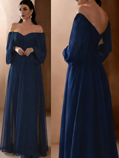 Women'S Elegant Vintage-Inspired One-Shoulder/Off-Shoulder Wedding & Party Dress - Long Sleeve A-Line Chiffon Gown with Puff Sleeve & Train Hem, Solid Formal Evening Gown for Spring Summer Fall, Loose Fit A-Line Silhouette, L