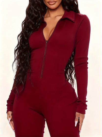 Slim-fit Flared Pants Long Sleeve Half Zipper Collar Onesie | Women'S Autumn and Winter Commuter Fashion Wear, Elegant Solid Color Style