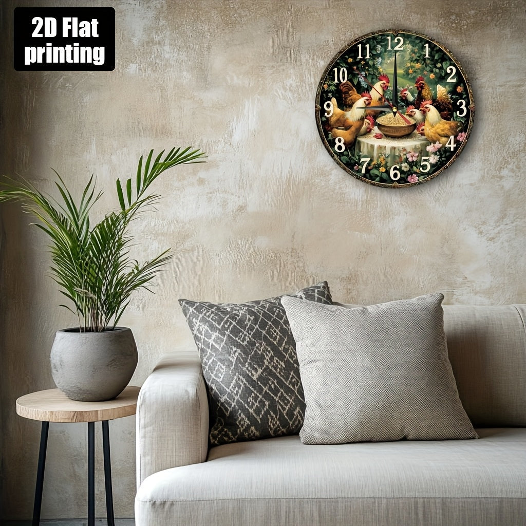 Farmhouse Chicken Rooster Wall Clock - Silent Non-Ticking Round Farm Decor with Golden Hands, Rustic Kitchen, Living Room, Bedroom Decoration - Easy-to-Read Large Numbers - Battery Operated (AA Not Included) - Durable Artific