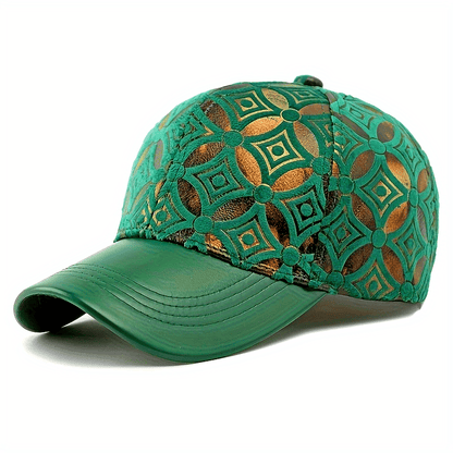 Metallic Golden-on-Green Baseball Cap - Adjustable Strap, Lightweight Hip-Hop Hat for Men & Women, Urban streetwear, Concerts, Parties - Unisex Driver Cap for Everyday & Special Events, Party Headwear, Geometric Pattern, Brea