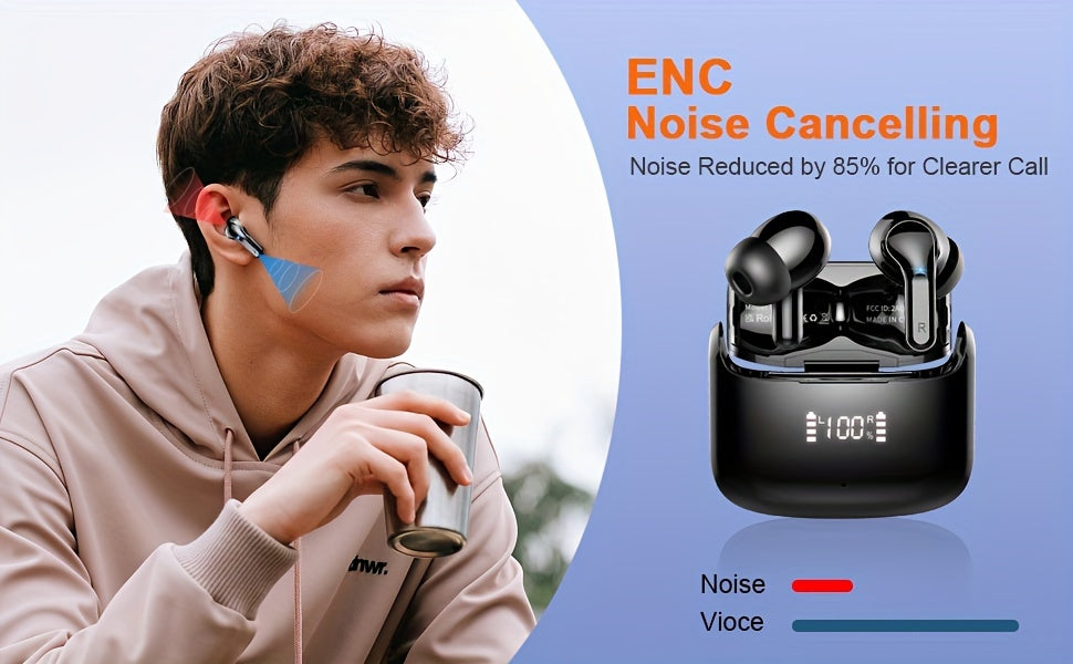 Wireless Earbud, Wireless Headphones 5.3 Stereo Bass Earphones, Ear Buds 40H Dual Mic Call, Earbud in-Ear USB-C LED Display Sport Headset