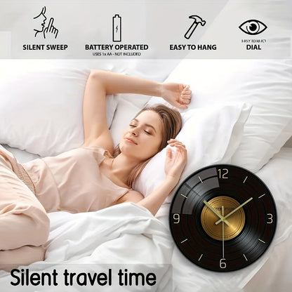 12-inch Glass Silent Wall Clock, Inspired by Vinyl Records - Black and Golden, Suitable for Living Room, Bedroom, and Office Decor | Elegant Timer, Battery Not Included, Office Wall Clock | Decorative Hanging Clock | Silent M