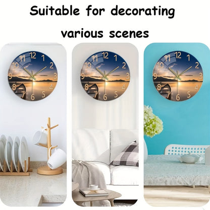 12 Inch Silent Glass Wall Clock with Sunset Mountain Lake Scene & Boat Design - Thickened Reinforced Glass, Battery Operated AA (Not Included), Modern Round Clock for Living Room, Bedroom Decor - Perfect Holiday, Birthday Gif