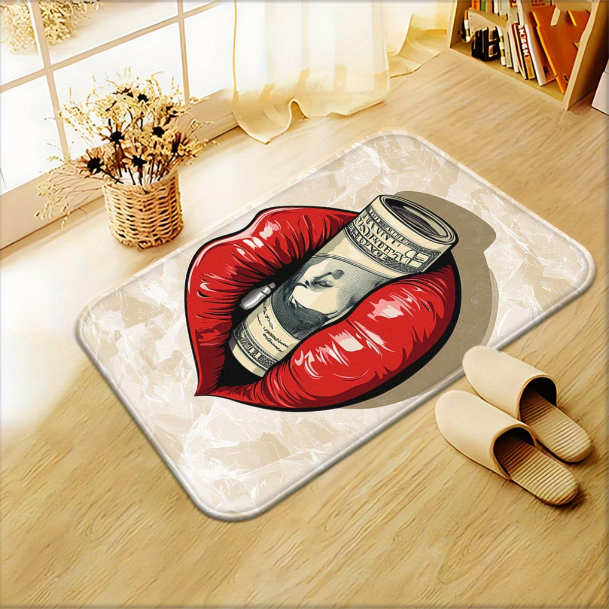 1pc Red Lips with Money Visual Door Mat - Microfiber, Absorbent, Machine Washable Polyester Rug for Bathroom, Bedroom, Living Room Entrance, Bathroom Mat | Artistic Floor Mat | Durable Floor Covering, Bathroom Decor