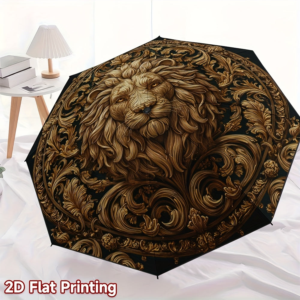 Automatic Open/Close Umbrella with Golden Lion Head Design - Elegant Black & Golden Accent Folding Umbrella, Heavy-Duty Iron Frame & 8-Rib Structure, Auto Open Close Button, Compact Travel Umbrella for Women/Men, Ideal Gift f