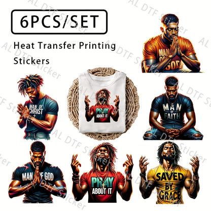 Pray Men Theme - T-Shirt Iron On Patches Decor - 6pcs/Set Thermo Heat Transfer Sticke - DIY Washable Print-On