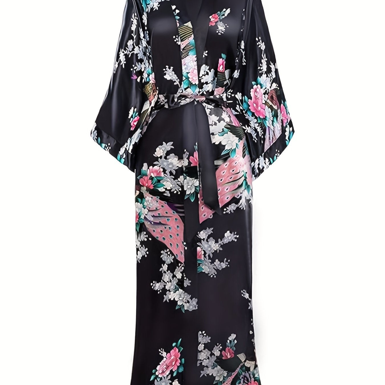 Elegant Floral Kimono Women's Robe - Soft and Light Beige-Friendly V-Neck Geometric Pattern All-Season Comfortable Casual Pajamas Pajamas