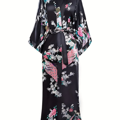 Elegant Floral Kimono Women's Robe - Soft and Light Beige-Friendly V-Neck Geometric Pattern All-Season Comfortable Casual Pajamas Pajamas
