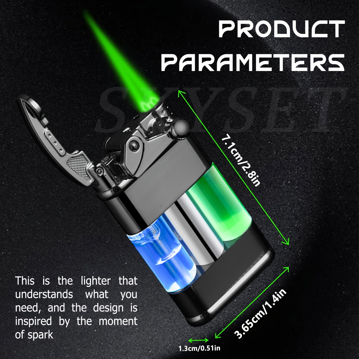 Butane Lighter with a Green Flame, a Versatile Featuring a Visible Window, Adjustable Flame Size, Wind-Resistant Design, Rocker Arm Ignition, And a Metal Casing. It'S a Stylish, Refillable Lighter That Does Not Include Butane