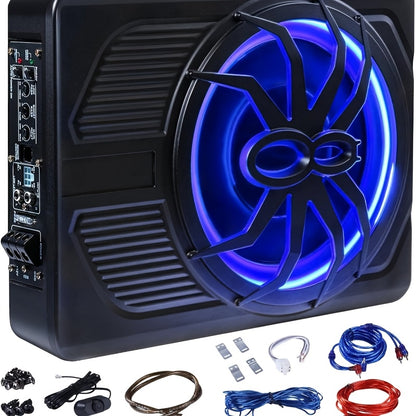 10-inch Spider Subwoofer with 800W Built-in Amplifier | LED Blue Light, High/Low Level Input, -fit Enclosure for Car/Truck Audio