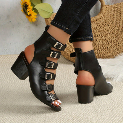 Women's Faux Cover Multi-Buckle High-Heel Sandals - Pointed Toe Moccasin-Style Square Heel with Lacing System & Arch - PU Cover Upper & Rubber Sole - Solid Black Dress Shoes for Women (Wide Widths Available) - Hand Washable -