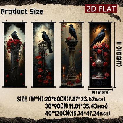 2D Flat, 2D/FLAT 4pcs Dark Gothic Style Hanging Wall Art Set, Raven and Rose Decorative Paintings - Odourless & Fade-Resistant Halloween Décor for Entryway Basement Bedroom Living Room to Add a Mysterious Ambiance, Halloween