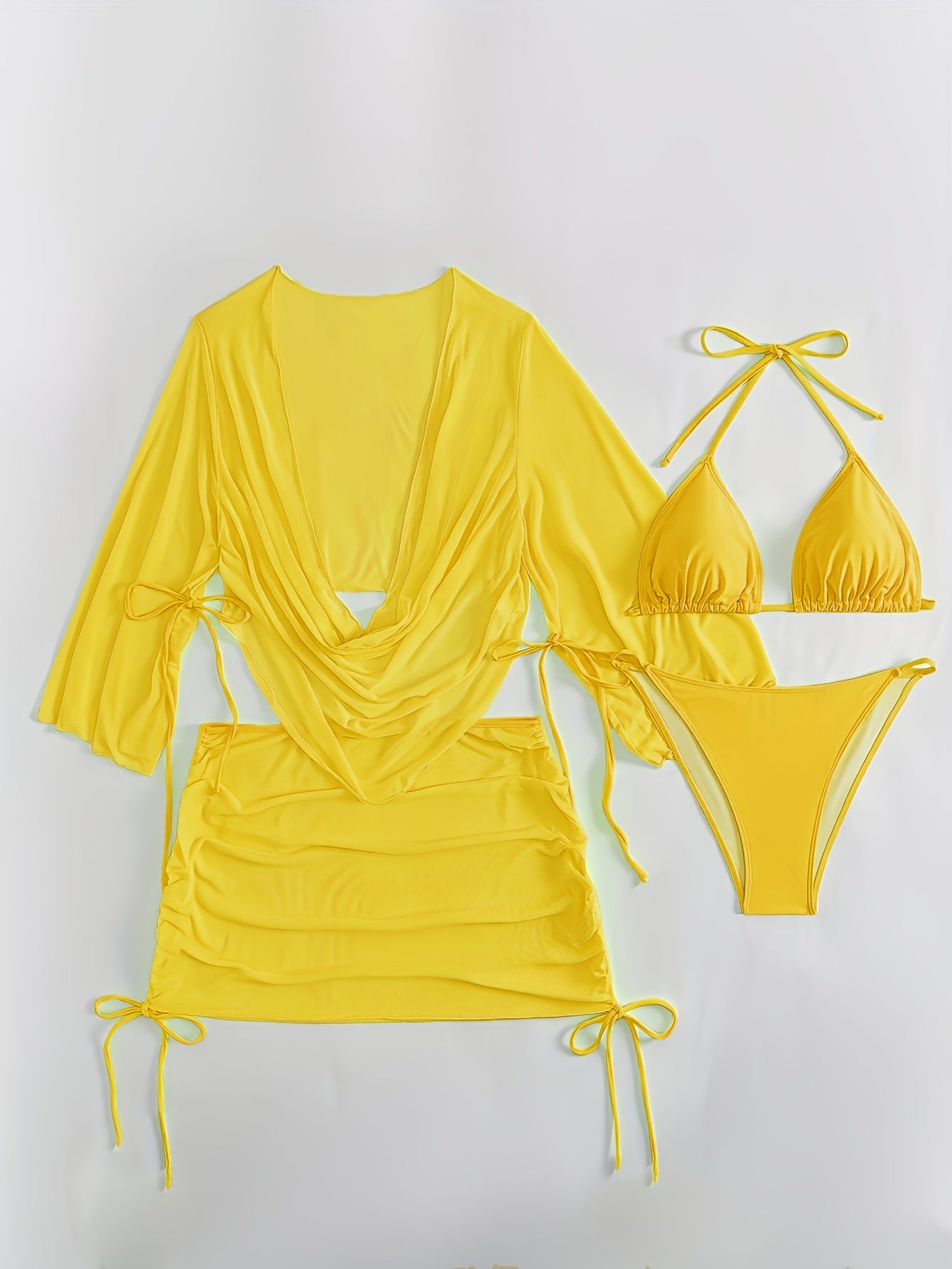 4pcs Set High Waist Separates Swimsuit with Tie-Shoulder Straps and Lace-Up Details | Solid Color Loose Long Sleeve Top and Ultra-Short Drawstring Skirt Cover-Up for Casual Vacation Beach Outfits by ANGLANNIS