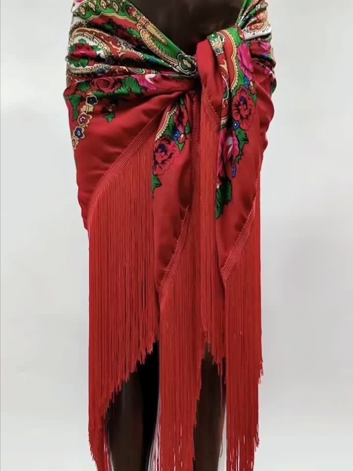 Women'S Luxury Boho Floral Fringe Hip Scarf - Elegant Belly Dance Wrap Skirt & Shawl with Tassel Hem, Vibrant Red Color Options, Multicolor Printed Bohemian Style for Beach, Festival, Party, Travel - Versatile Sarong Cover Up