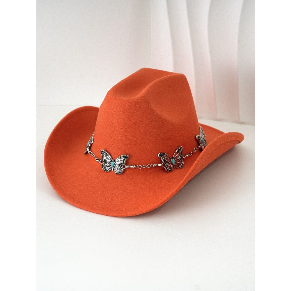 Women'S Bohemian Turquoise & White Cowboy Hat - Felt Wide Brim Sun Hat with Butterfly Metal Chain Accent, Non-Stretch Formal & Western Style for Christmas, Festivals, Casual Attire - Hand Washable Elegant Felt Cowboy Cap, Cow