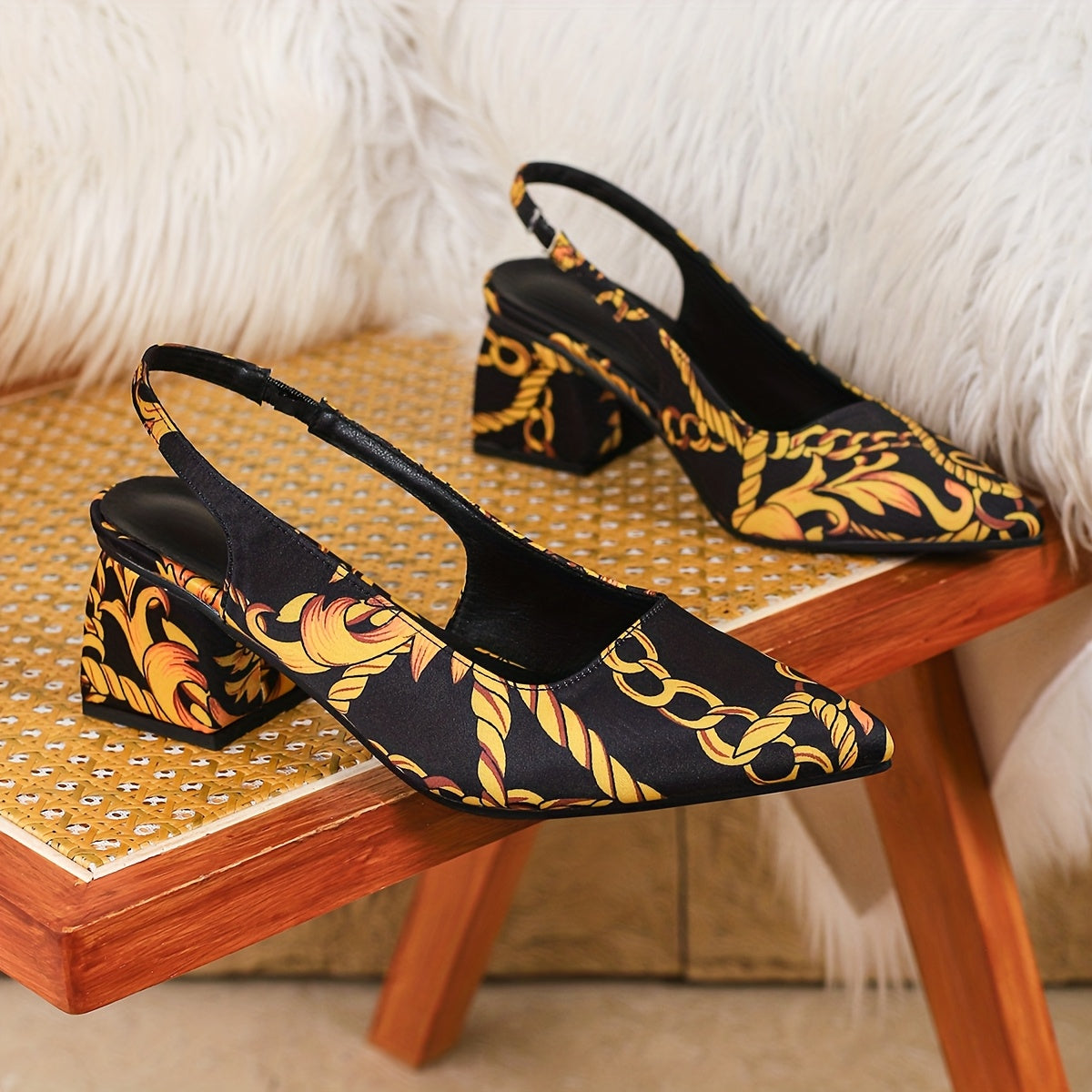 Women's Luxury Golden Chain & Greek Key Print High-Heeled Sandals - Thick Block Heels, Pointed Toe, Black & Golden s with T-Bar Strap & Buckle Closure, Comfortable Sole for Parties, Weddings, - Euro-American Style Elegant