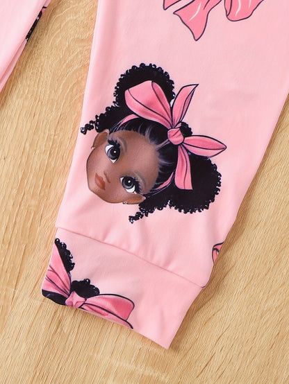 Two Casual, Stylish, And Versatile Round Neck Long-Sleeved Pajamas And Loungewear Sets for Girls, Featuring Random Prints of Girls' Faces, Perfect for Spring And Autumn.