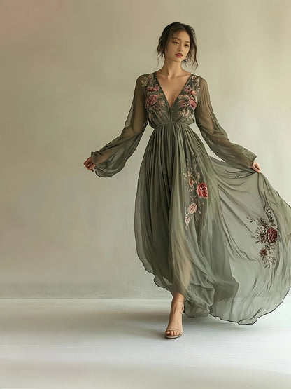 A Romantic Dress Featuring a Long Skirt with a Mesh Print in a Stylish And Elegant Bohemian Design.