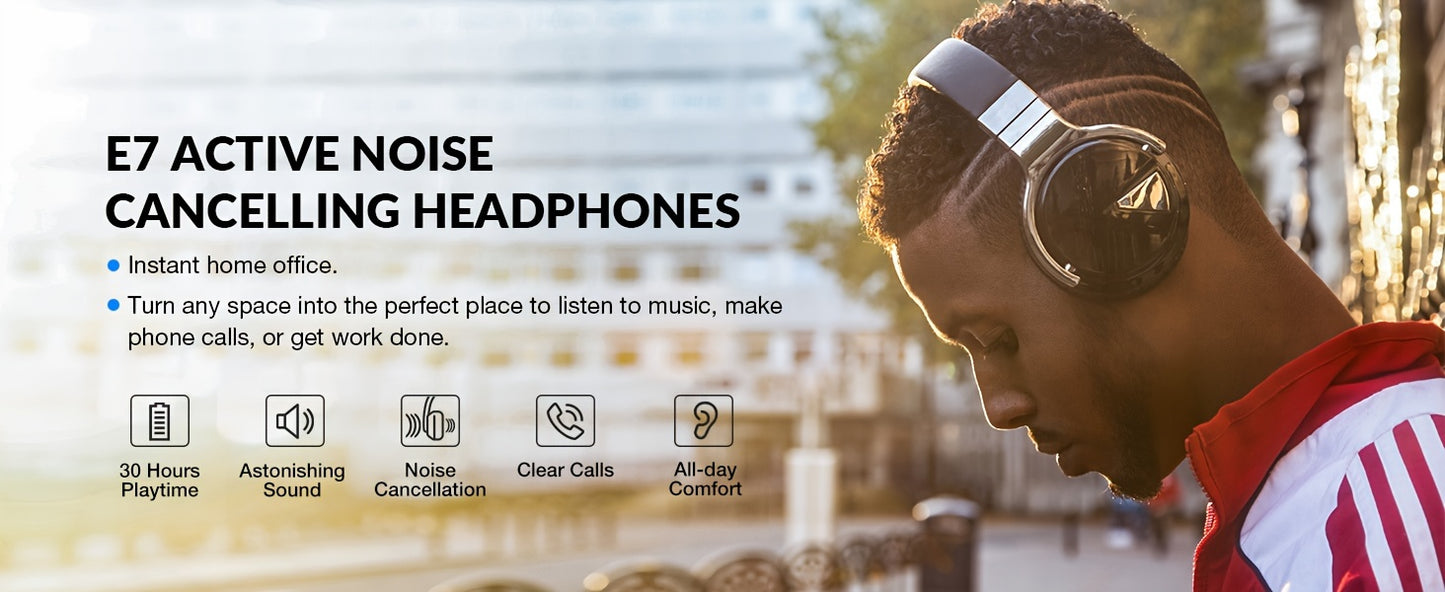 Active Noise Cancelling Wireless Headphones, 30H Playtime, with Microphone, Deep Bass, 30 Hours Playtime