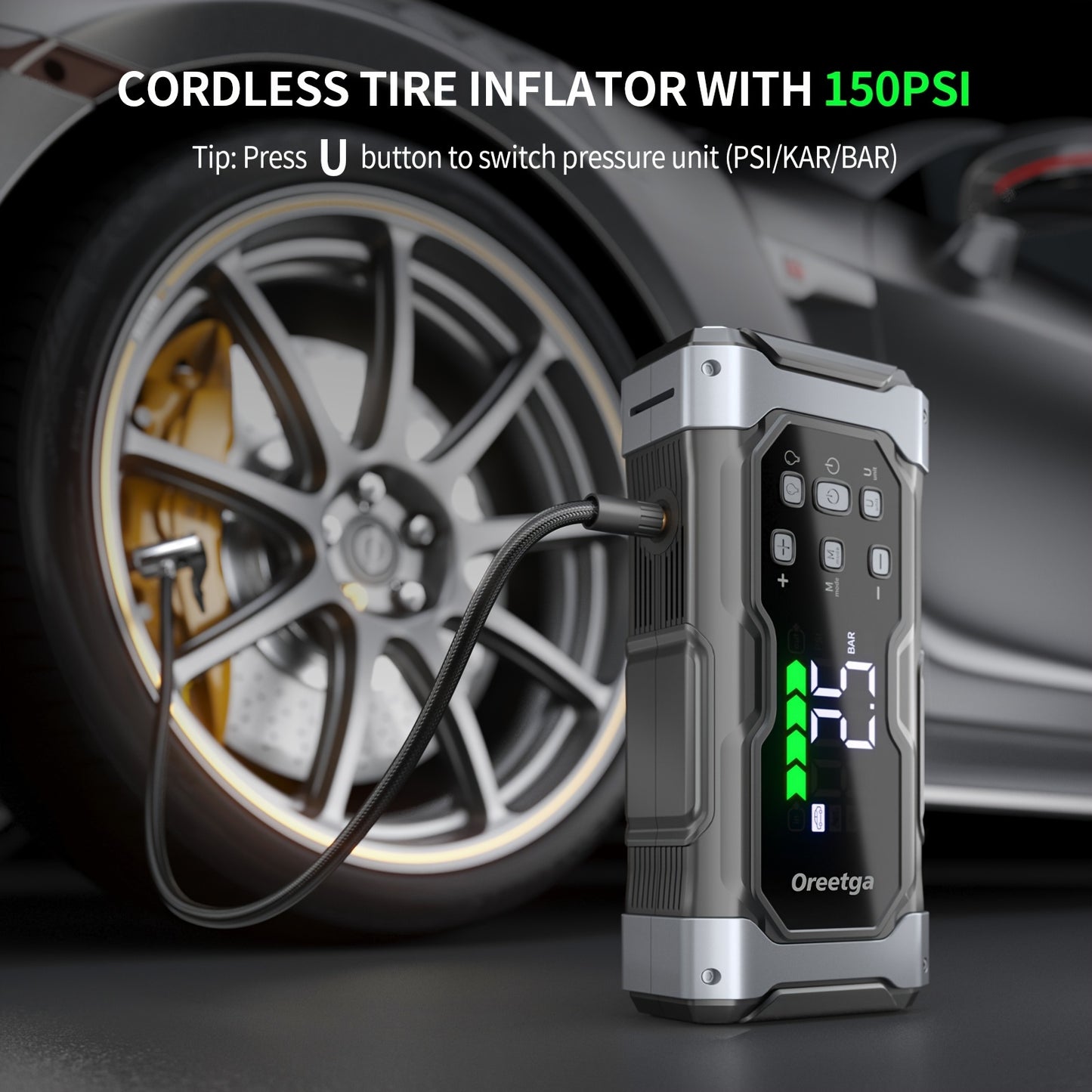 9000A Car Battery Jump Starter - Portable Power Pack with Extended Smart Jumper Cables, Quick Charge, Large Display, LED Lights, And Safety Protections for (All Gas/3.17gal Diesel) Engines, Start The Car Quickly, Jump Starter