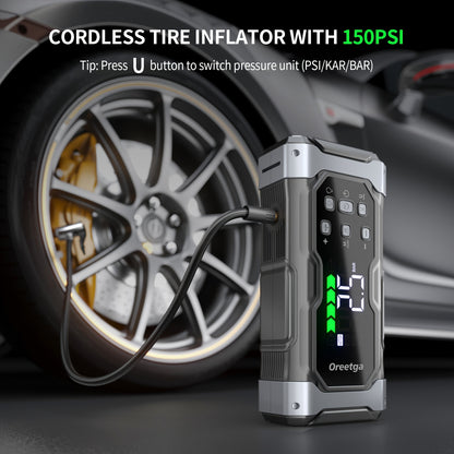 9000A Car Battery Jump Starter - Portable Power Pack with Extended Smart Jumper Cables, Quick Charge, Large Display, LED Lights, And Safety Protections for (All Gas/3.17gal Diesel) Engines, Start The Car Quickly, Jump Starter