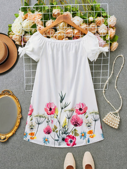 A Stylish Off-Shoulder Floral Dress Perfect for Leisure, Featuring a Floral Pattern And Bow Accents, Ideal for Summer Picnics, Outings with Friends, Vacations, And Travel, Designed for Women Who Want to Look Sexy