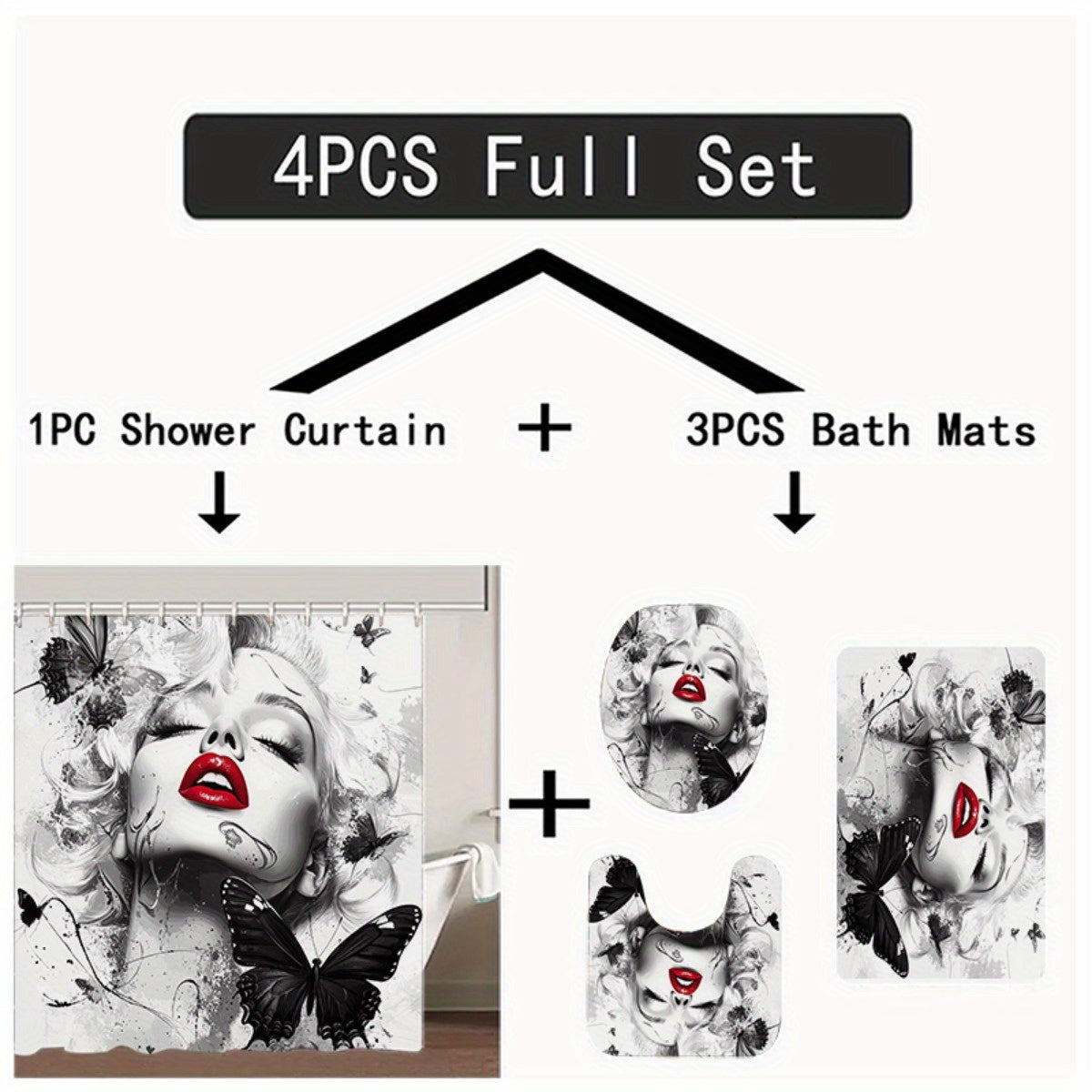 1/3/4pcs Butterfly Kiss II Shower Curtain Set, Black and White Background Red Lip Butterfly Print Bathroom Decor, Includes Bath Mat, U-Shaped Mat, Toilet Lid Cover, 70.87x70.87inch, Curtain with 12 Hooks, "Butterfly Kiss II,