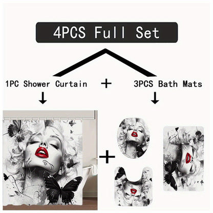 1/3/4pcs Butterfly Kiss II Shower Curtain Set, Black and White Background Red Lip Butterfly Print Bathroom Decor, Includes Bath Mat, U-Shaped Mat, Toilet Lid Cover, 70.87x70.87inch, Curtain with 12 Hooks, "Butterfly Kiss II,