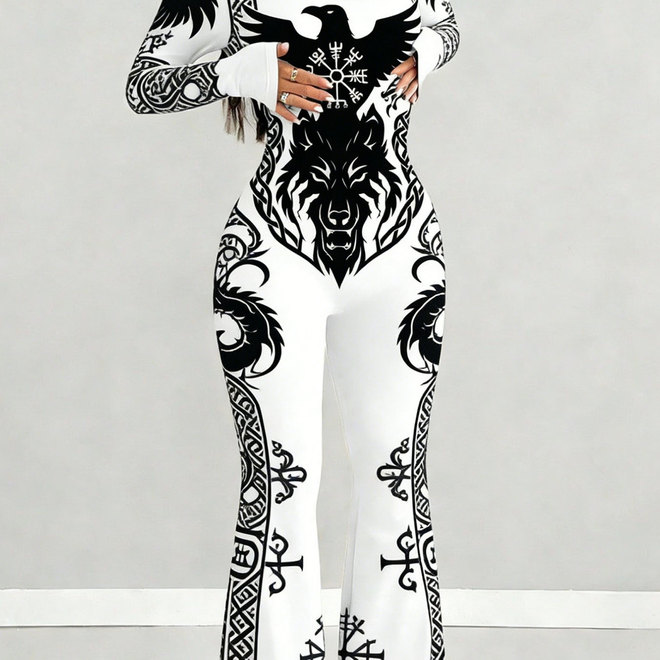 Women's Elegant Wolf-Bird Totem Jumpsuit - Slim-Fit White & Black Matching Outfit with U-Neck & Flared Bell-Bottom Pants, - Wear for Weddings, Parties, Outdoor - Machine Washable Jumpsuit Suit for Females