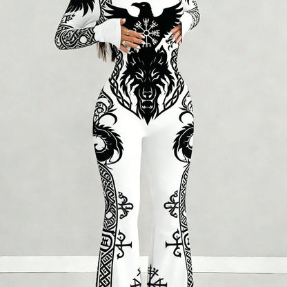 Women's Elegant Wolf-Bird Totem Jumpsuit - Slim-Fit White & Black Matching Outfit with U-Neck & Flared Bell-Bottom Pants, - Wear for Weddings, Parties, Outdoor - Machine Washable Jumpsuit Suit for Females