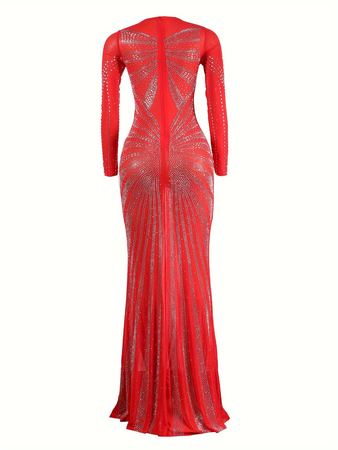 Long Sleeve Maxi Dress - Elegant Sheer Mesh with Rhinestone Detail - Bodycon Fit for Women - Perfect for Spring/Summer/Fall