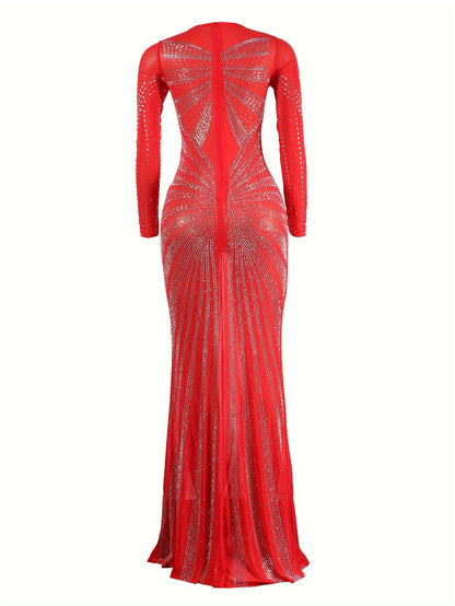 Long Sleeve Maxi Dress - Elegant Sheer Mesh with Rhinestone Detail - Bodycon Fit for Women - Perfect for Spring/Summer/Fall