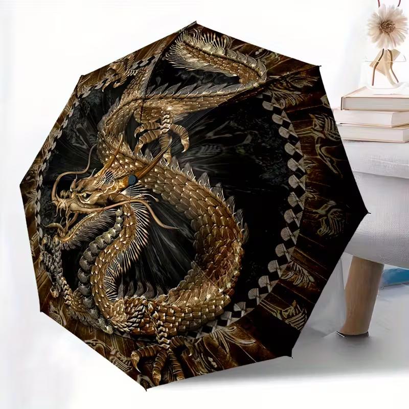1pc Automatic Open/Close Umbrella with 8-Rib Compact Design - Heavy-Duty Automatic Open/Close Mechanism, Golden Dragon & Black/ Golden/ Brown/Beige/Gray/White/Black/, Lightweight & Sturdy for Men/Women - Ideal Gift for Rainy