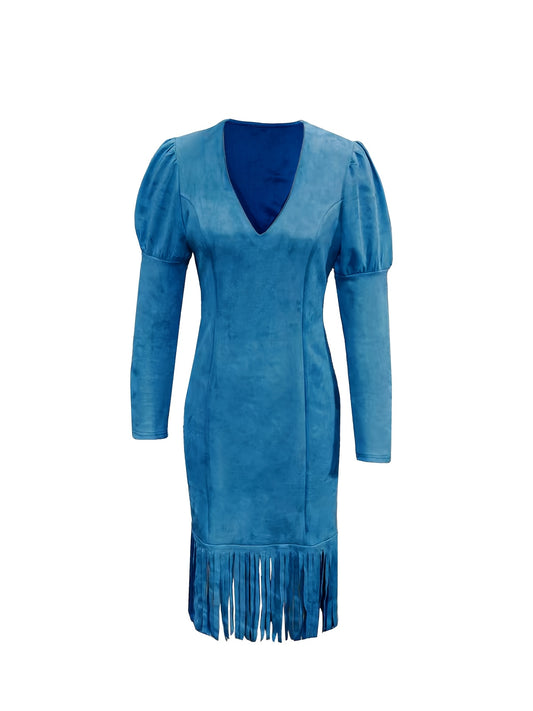 Blue Velvet Tassel Dress | Western Cowboy and Vintage Court Style with Puff Sleeves and Cinched Waist, V-neck, Solid Color, All-season.