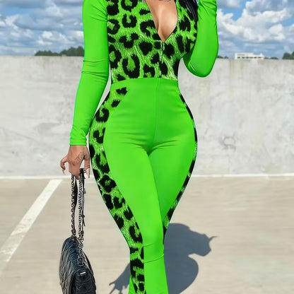 Plus Size, Fashion Women's Clothing | Women's Zip - Up Jumpsuit Set | Bright Green with Black Leopard Print Patchwork | Long Sleeve Full - Zip Design | Slim Fit | Suitable for Daily Outings & Multiple Occasions