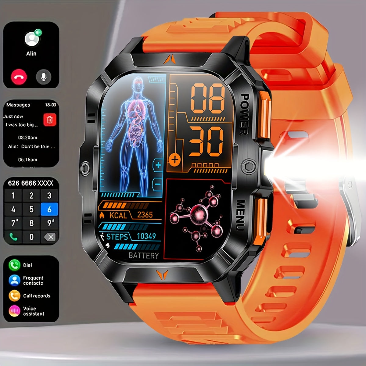 COIUSOR Men'S 2.01-Inch Sports Smart Watch, Built-In LED Flashlight, Receive/Make Calls, Mobile Phone Sync Information, 100+ Sports Modes, High Quality, Outdoor Exercise Fitness Device, Suitable for Iphone And Android Phones