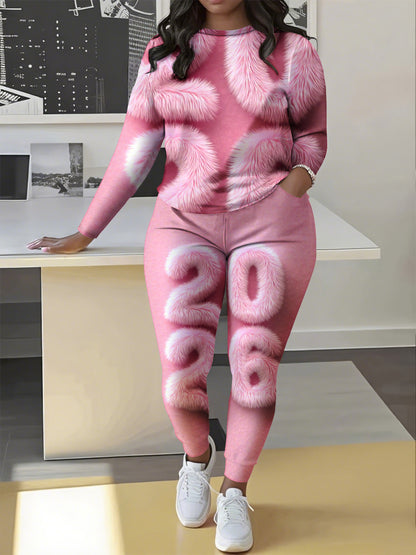 A Stylish Two-Piece Set Featuring a Full Print Fur Design, Consisting of Long-Sleeve Top And Trousers in Pink, Perfect for Travel, Outdoor Gatherings, And Parties. This Complete Outfit Is Ideal for Casual Wear, Gifting, And F