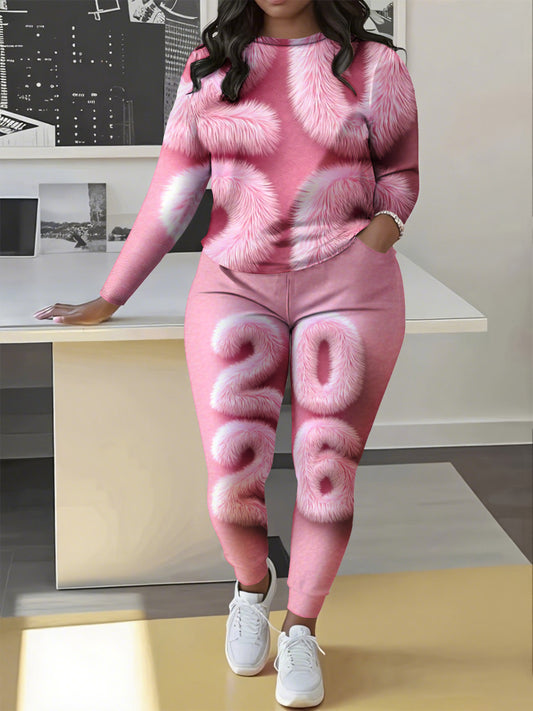 A Stylish Two-Piece Set Featuring a Full Print Fur Design, Consisting of Long-Sleeve Top And Trousers in Pink, Perfect for Travel, Outdoor Gatherings, And Parties. This Complete Outfit Is Ideal for Casual Wear, Gifting, And F