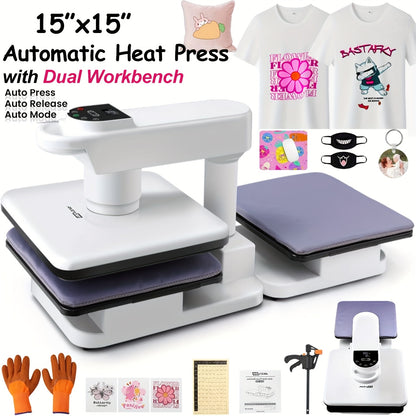 15x15 Inch Swivel Auto Heat Press Machine, 360° Swing Away Smart T-Shirt Printing W/Auto Press & Auto Release & Auto-Off, 7 Adjustable Pressures & 1.85" Higher Heating Height for HTV, Dual-tube Heatinbg, Sublimation, Heat Tr