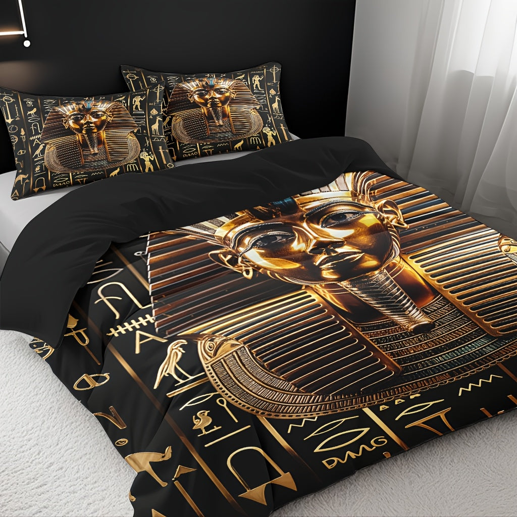 3pcs Egyptian Pharaoh Comforter Set - Soft High-Definition Digital Print Design, Perfect Gift, All-Season Use! Soft, Breathable 100% Polyester, Ideal For Family And Friends - Machine Washable (1 Comforter Cover + 2 Pillowcase