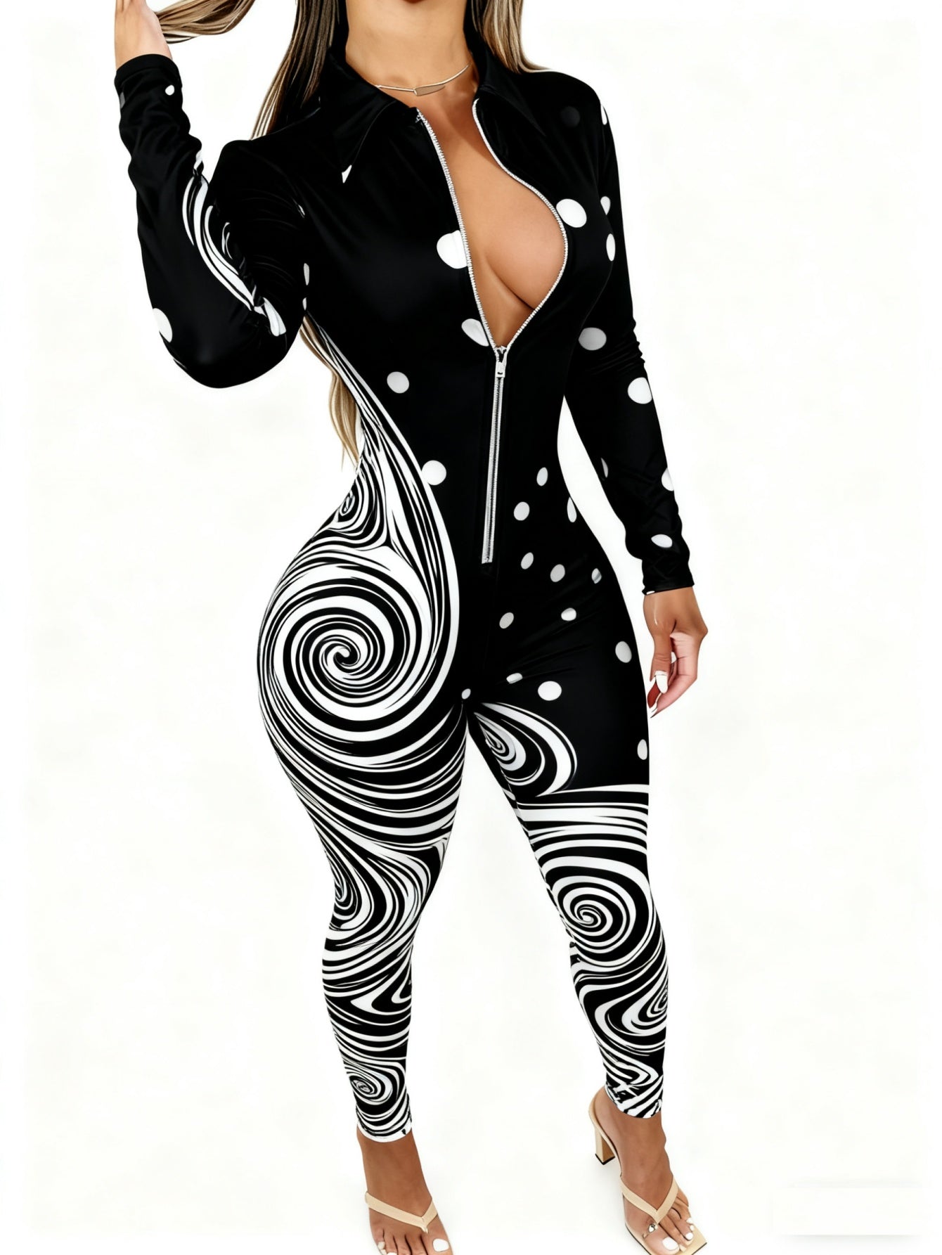 Women's Lightweight Full-Body Animal Print Jumpsuit - Zipper Front Long Sleeve Suit, Tight-Bodied One-Piece for All-Season Casual Wear, Machine Washable y Outfit ( Collar)
