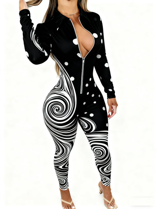 Women's Lightweight Full-Body Animal Print Jumpsuit - Zipper Front Long Sleeve Suit, Tight-Bodied One-Piece for All-Season Casual Wear, Machine Washable y Outfit ( Collar)
