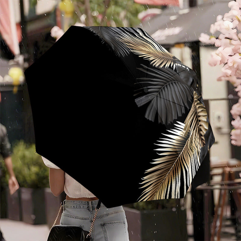 Automatic Open/Close Umbrella with One-Touch Button - Windproof 8-Rib Sturdy Frame, Black & Golden Leaf Design - Compact Travel Umbrella with One-Button Closing Mechanism for Men & Women, Automatic Open/Close, Black & Golden/