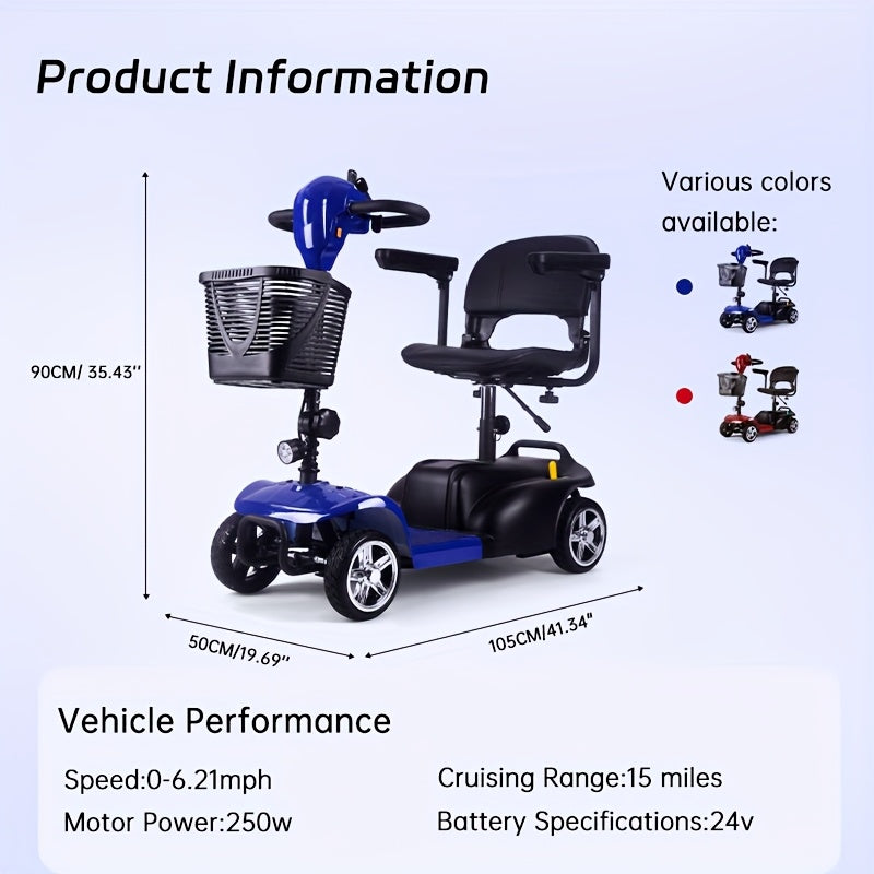 Mobility Aids for The, Four-wheel Foldable Mobility Scooters for Adults, 250w 12V, 12ah 15 Mile Long Range, with LED Headlights And A Detachable Storage Basket. Comes with A Tool Kit, Charger, And Instruction Manual.
