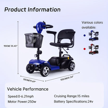 Mobility Aids for The, Four-wheel Foldable Mobility Scooters for Adults, 250w 12V, 12ah 15 Mile Long Range, with LED Headlights And A Detachable Storage Basket. Comes with A Tool Kit, Charger, And Instruction Manual.