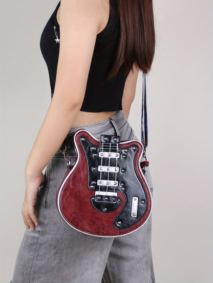 Women's & Unisex Y2K Retro Music-Themed Bass Guitar-Shaped Crossbody Bag with Detachable Strap, Golden-Tone Hardware & Zipper Closure - Band Style Handbag for Musicians & Music Lovers (Red/Black) - 2024 New Design with Chain