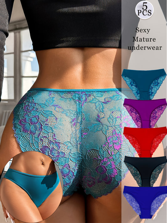 5pcs Women's Brief Underwear - Sexy Contrast Lace, Semi-Sheer Polyamide Knit Fabric - Elegant Drop Waist | Smooth & Soft | Hand Wash Only