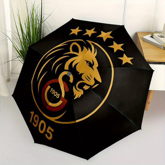 Galatasaray 3D Printed Lion Emblem Automatic Umbrella - Durable 8-Rib Iron Frame, Foldable & Portable for Men & Women, Black with Golden Accents, Perfect for Business, Daily Use & Outdoor Activities, Outdoor Umbrella, Busines